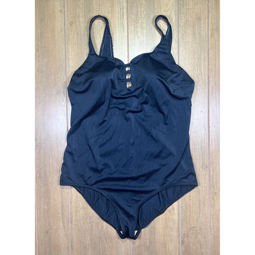 Christina Womens Black Ribbed Lattice Cutout One Piece Swimsuit 24W